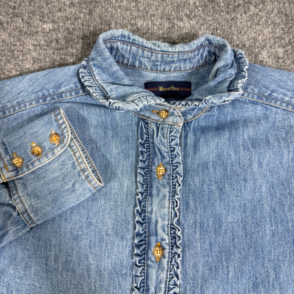 Breeches Ruffle Denim Button Down Shirt Women Large Blue 100% Cotton EUC Long Sl
